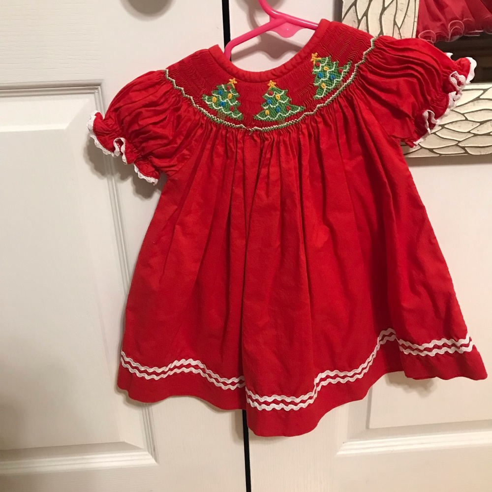 Red Smocked Kids Dress with Embroidery